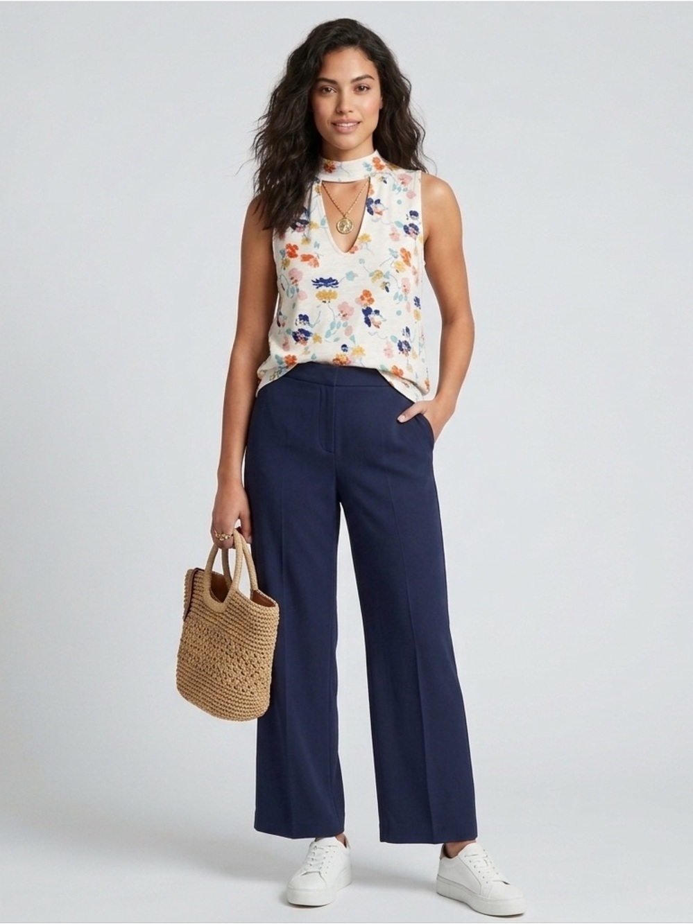 Tularosa Evie Ivory Floral Satin Sleeveless Blouse White Keyhole Lightweight XS